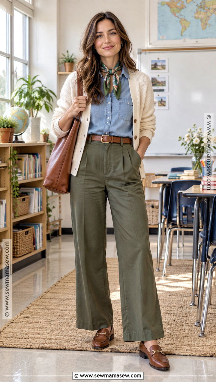 Chambray Shirt And Olive Pants Teacher Outfit - 15 fall fashion ideas for teachers