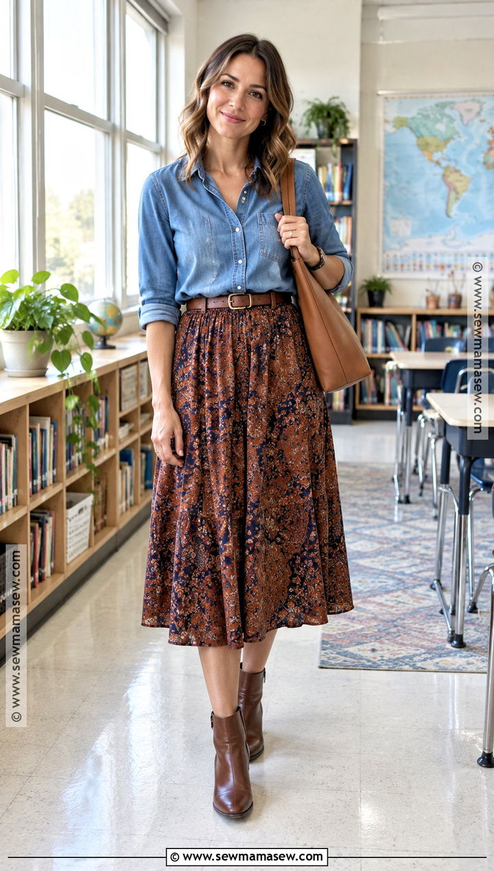 Chambray Shirt And Printed Skirt Teacher Outfit - 15 fun fall teacher outfits