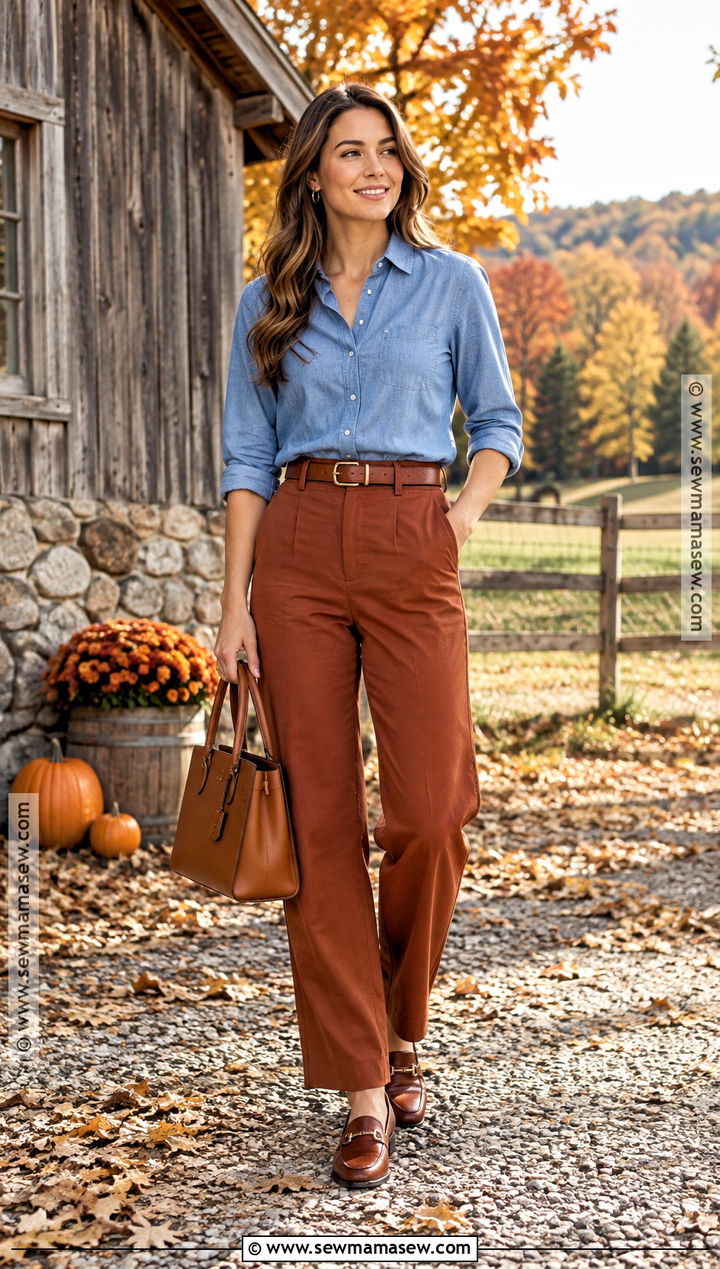 Chambray Shirt And Rust Pants Fall Photo Shoot Outfit - 30 fall photo shoot outfits