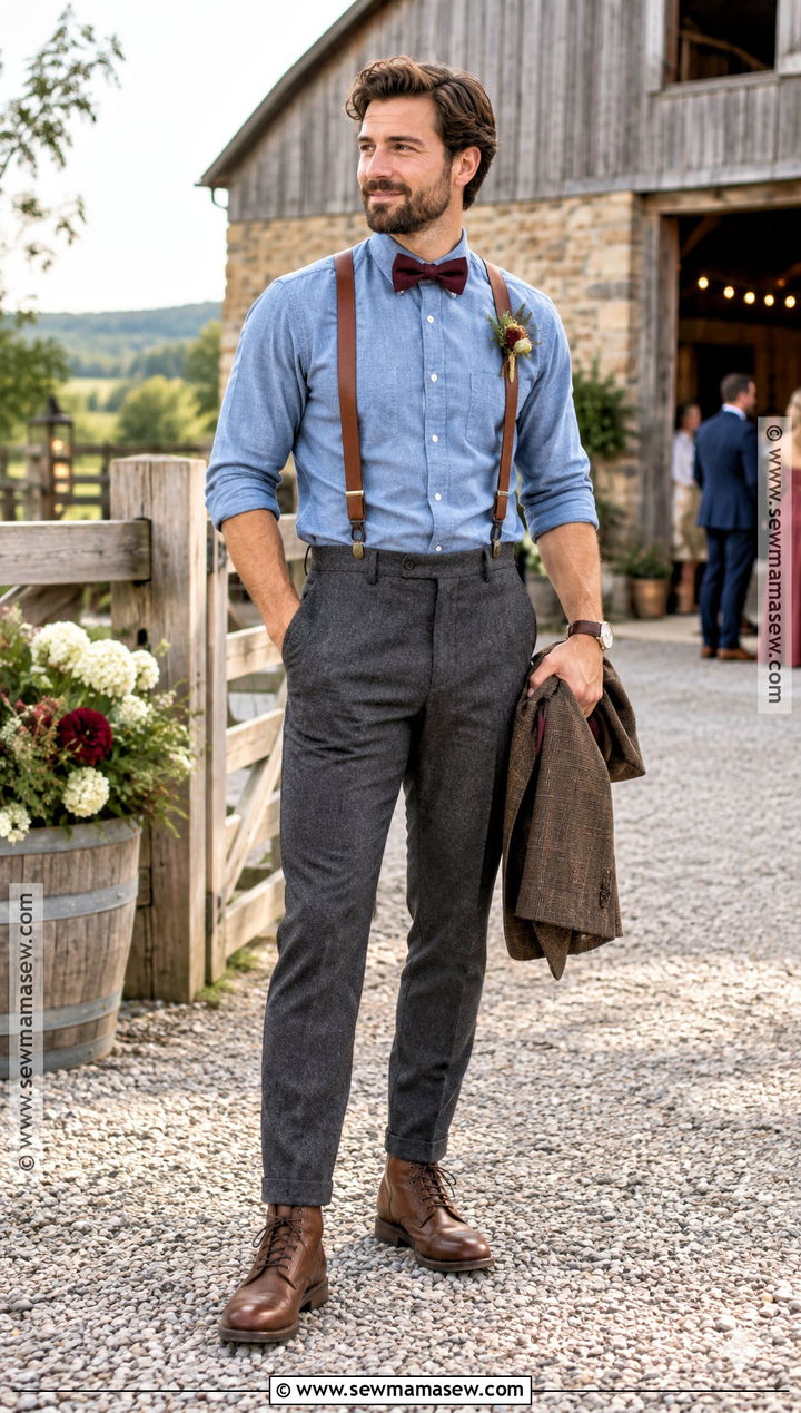 Chambray Shirt And Suspenders Fall Groom Attire - 15 fall groom attire rustic ideas