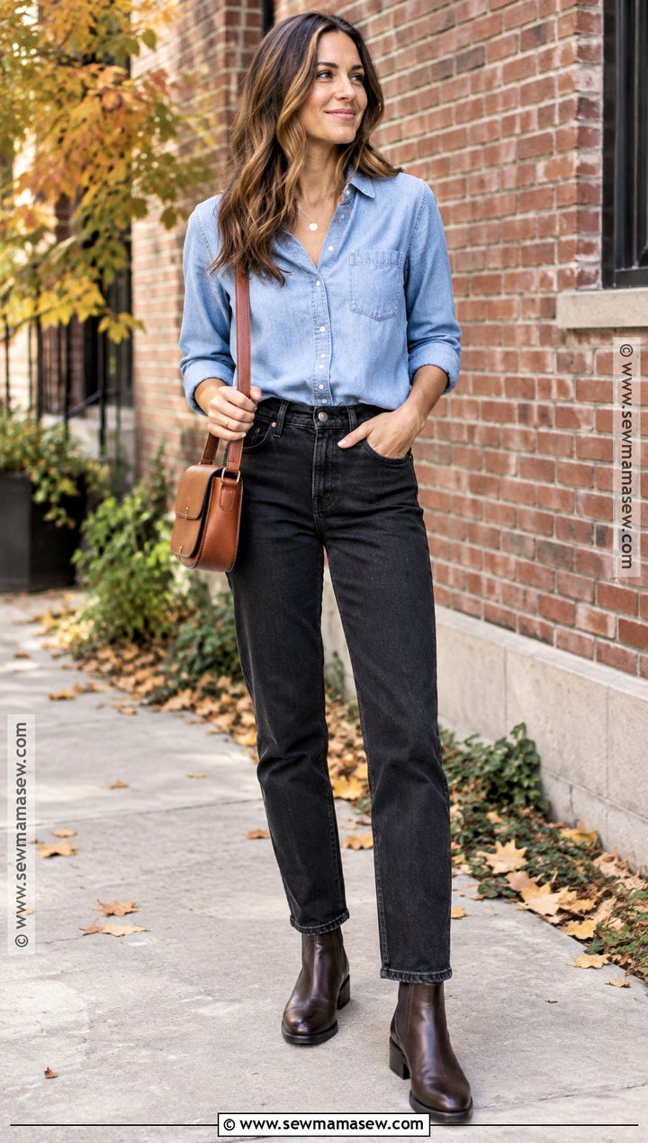 Chambray Shirt Black Jeans and Chelsea Boots - 25 simple fall outfits