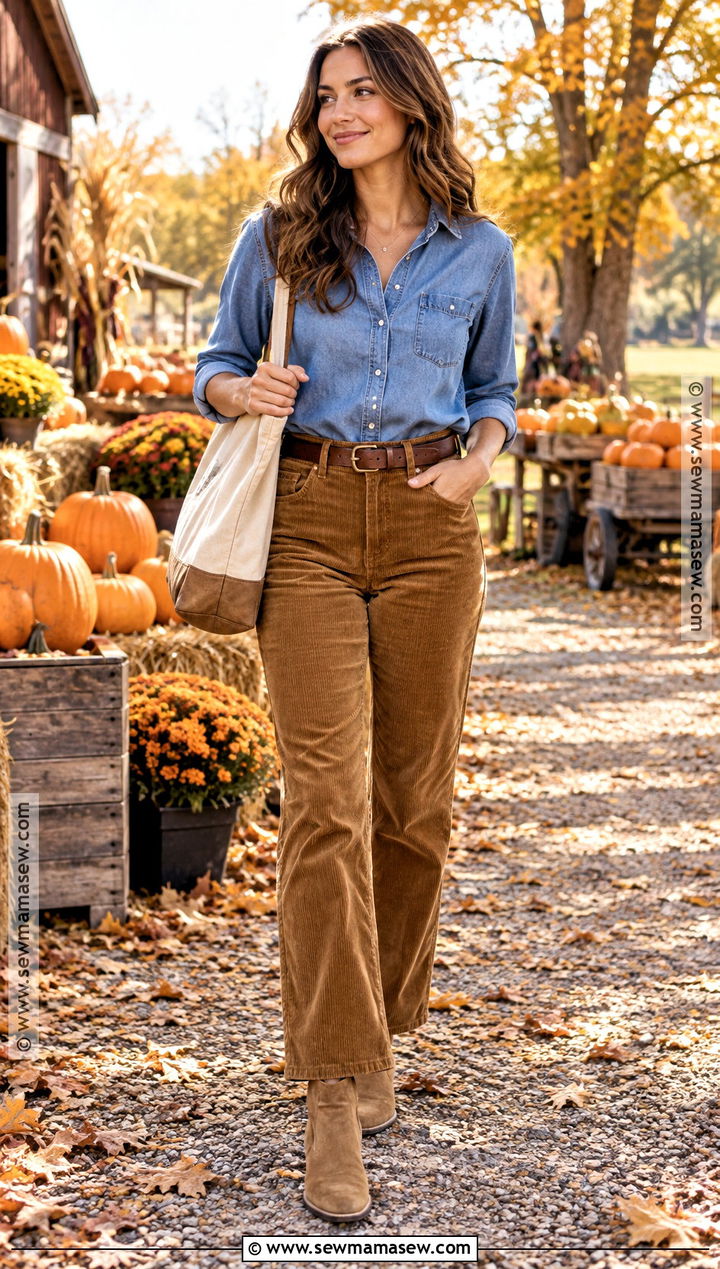 Chambray Shirt Pumpkin Patch Outfit With Corduroy Pants - 25 pumpkin patch outfit ideas for women