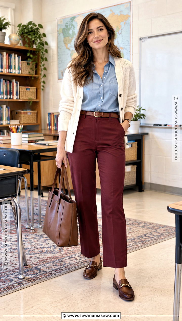 Chambray Shirt Teacher Outfit With Colored Pants - 15 teacher outfit inspo fall ideas