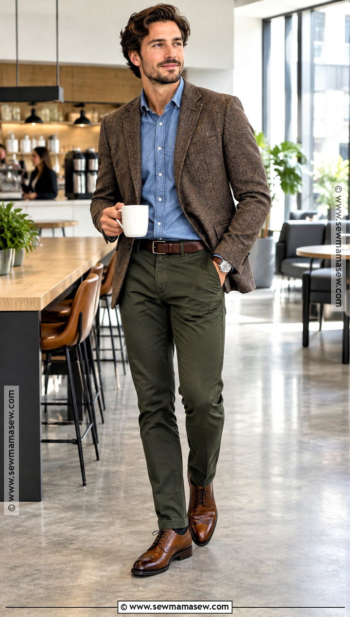Chambray Shirt With Blazer And Dark Chinos - 15 men fall outfits business casual
