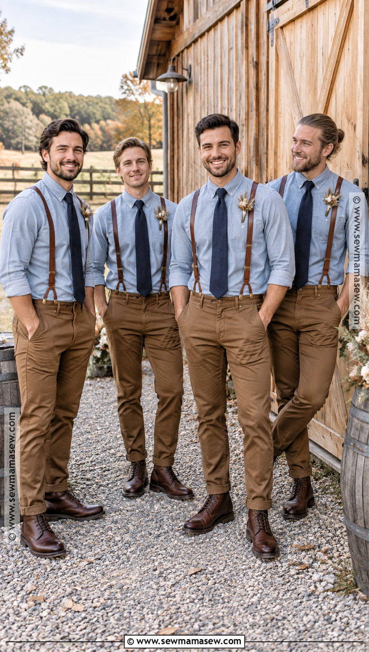 Chambray Shirt With Leather Suspenders - 15 fall wedding groomsmen attire suspenders ideas