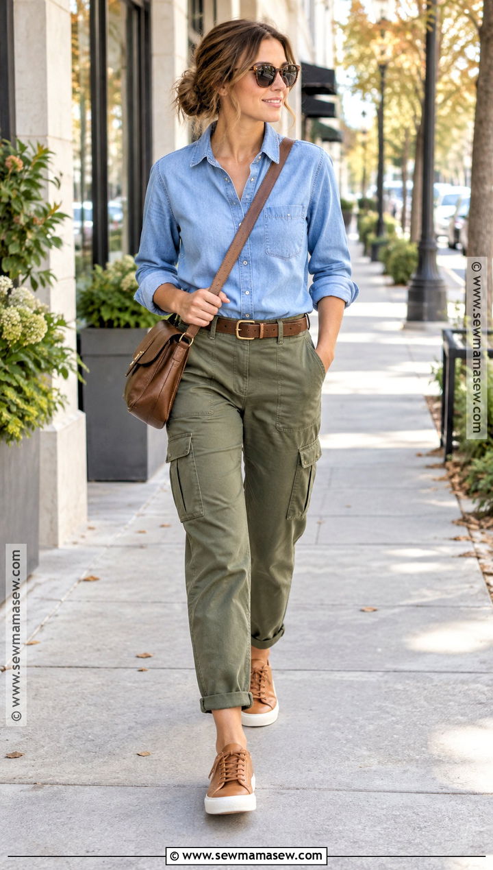 Chambray Shirt With Olive Cargo Pants - 25 warm weather fall outfits