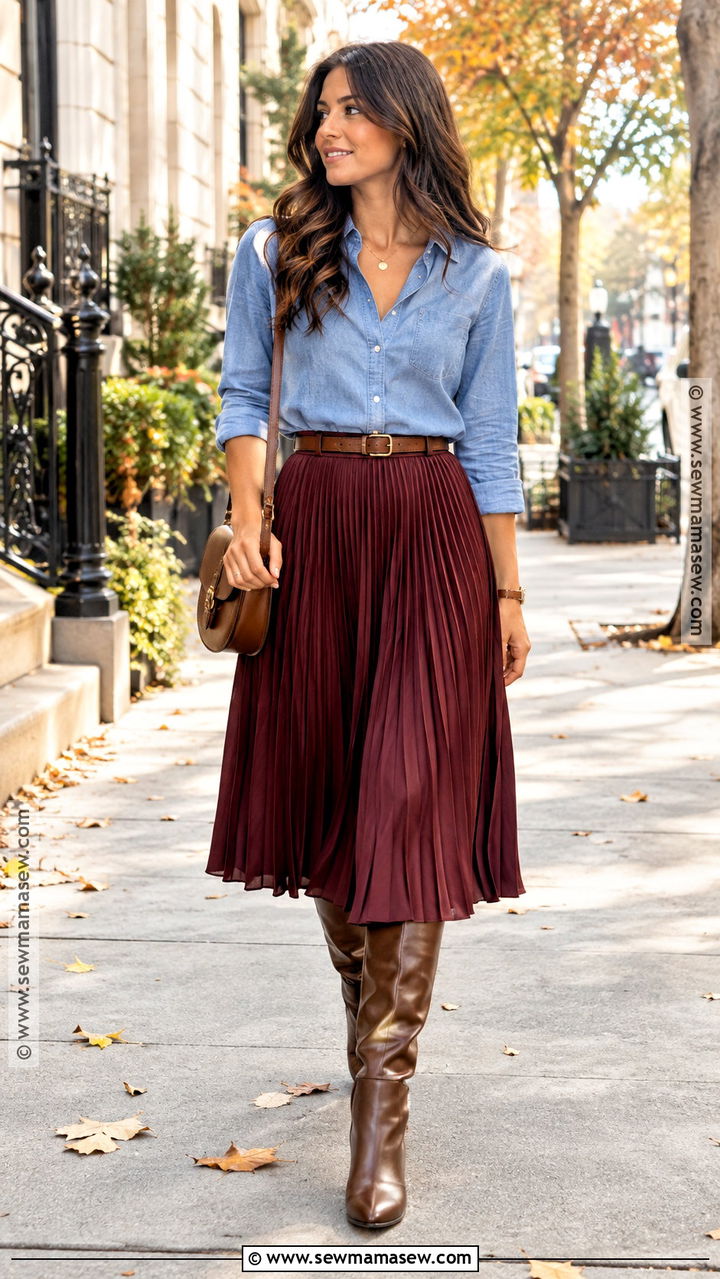 Chambray Shirt With Pleated Midi Skirt - 20 shirt autumn outfit ideas