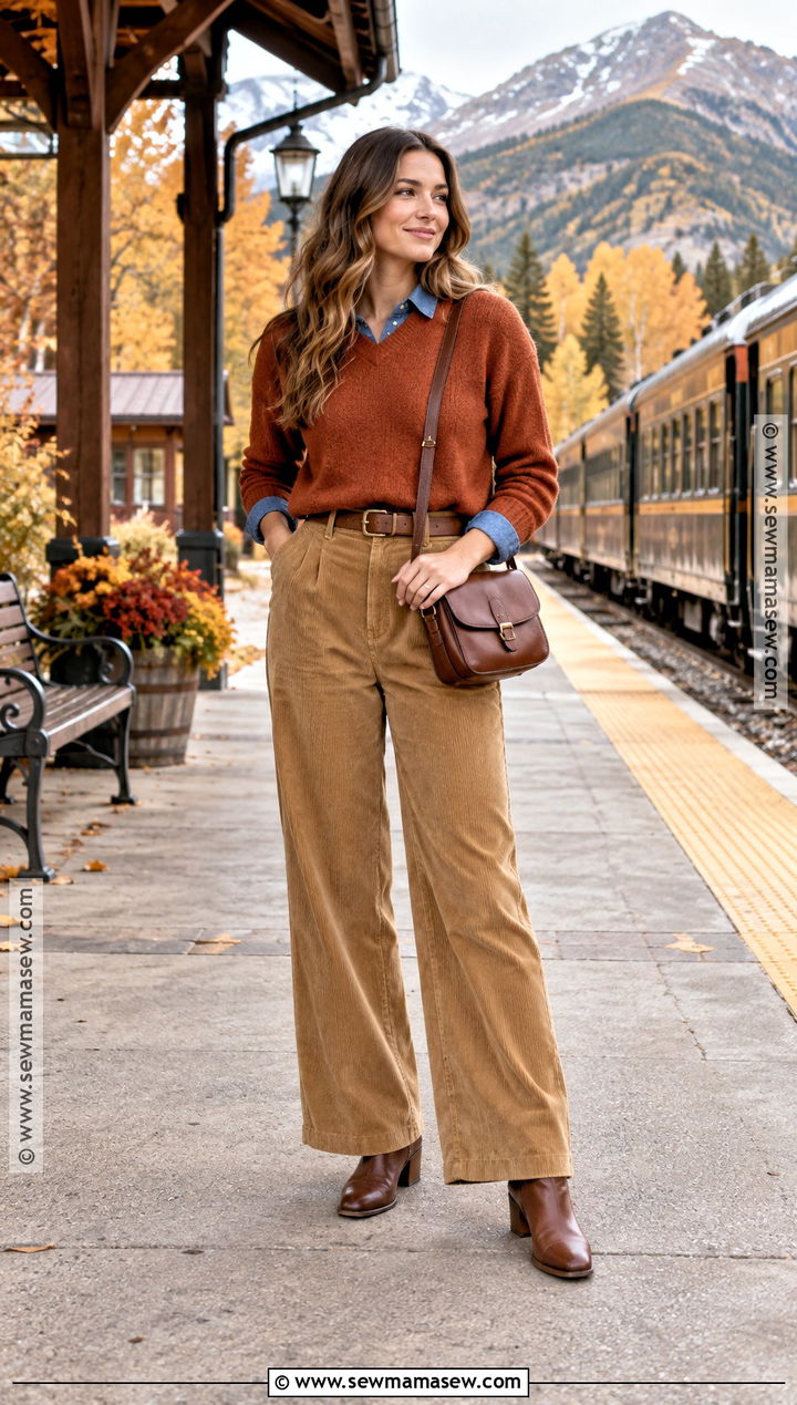 Chambray Shirt With Sweater And Wide Leg Corduroy Pants - 20 fall weekend getaway outfits