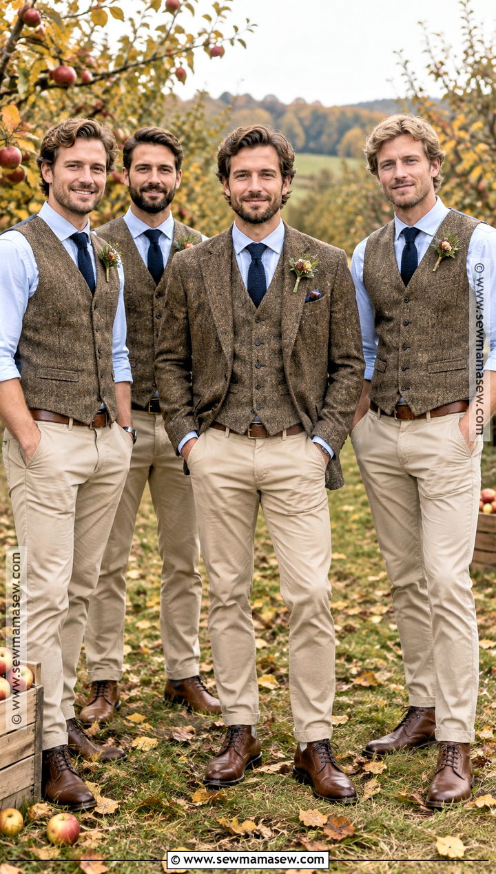 Chambray Shirt With Tweed Vest And Chinos - 20 fall groomsmen attire rustic ideas