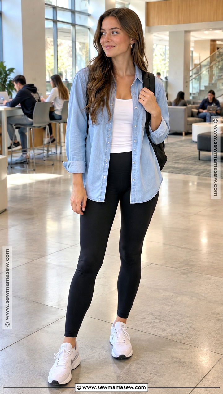 Chambray Shirt and Black Leggings Outfit - 20 blue back to school outfits