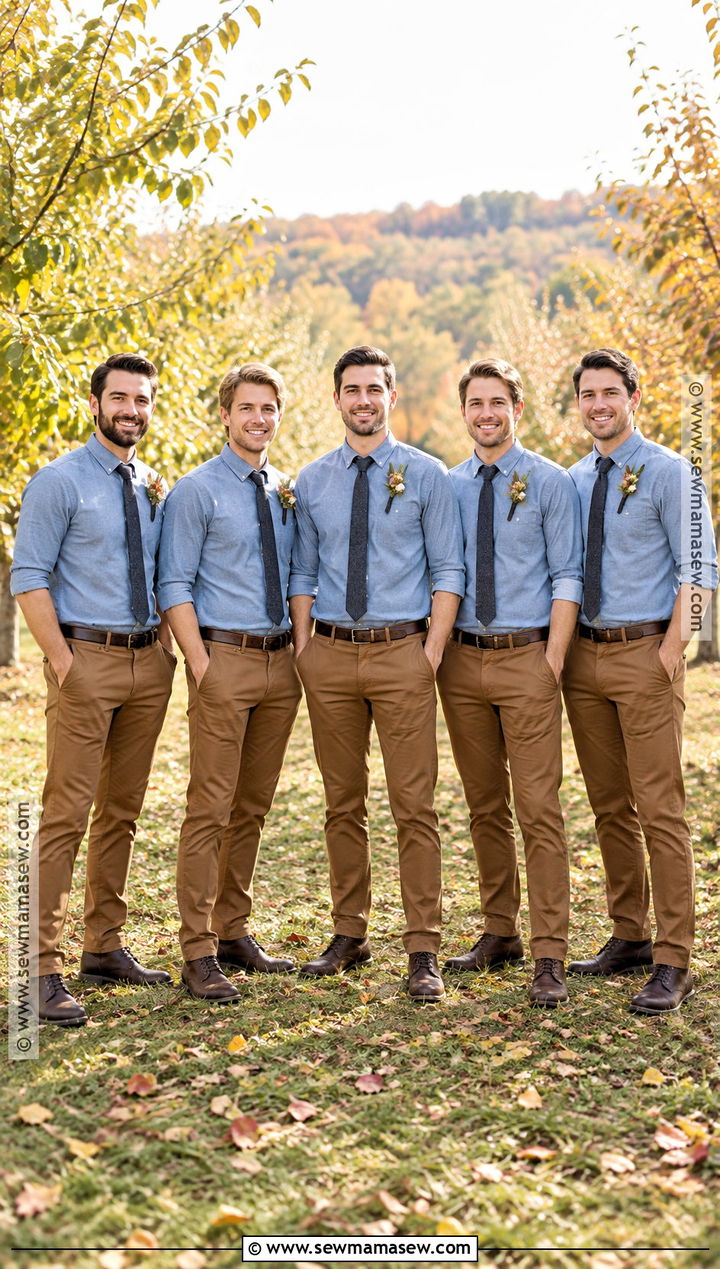 Chambray Shirt and Brown Chinos Groomsmen Attire - 15 casual fall groomsmen attire ideas