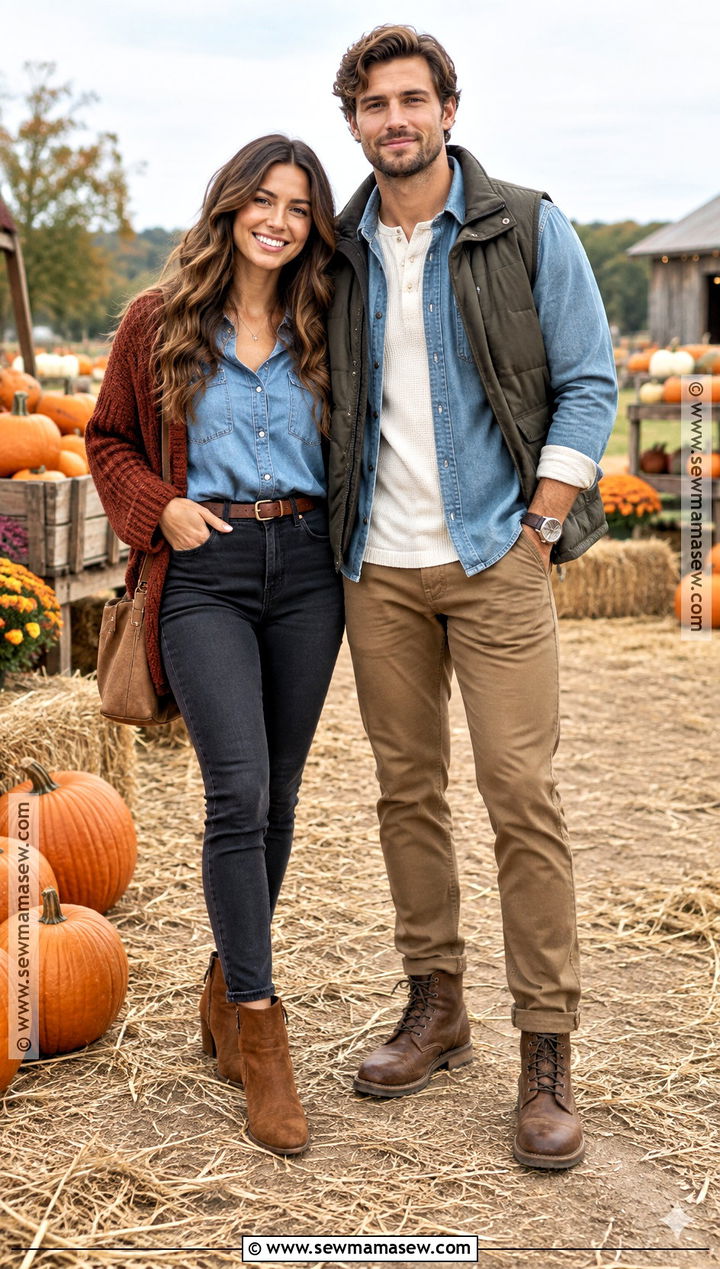 Chambray Shirts And Brown Boots Pumpkin Patch Outfit - 20 matching pumpkin patch outfits for couples