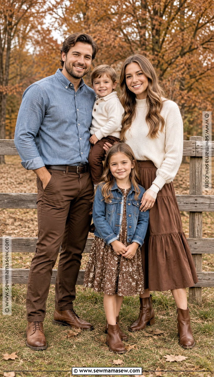 Chambray Shirts And Brown Family Outfits - 20 denim fall family photos ideas