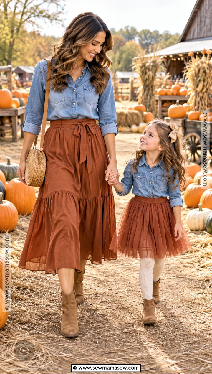Chambray Shirts and Rust Tulle Skirts Pumpkin Patch Outfit - 15 mom and daughter pumpkin patch outfits