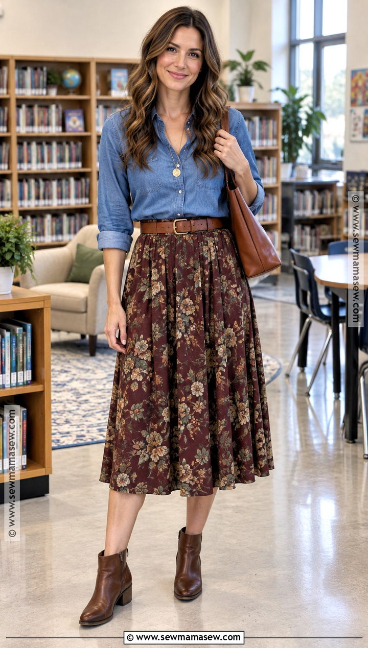Chambray Teacher Shirt With Midi Skirt And Boots - 15 fall shirts for teachers