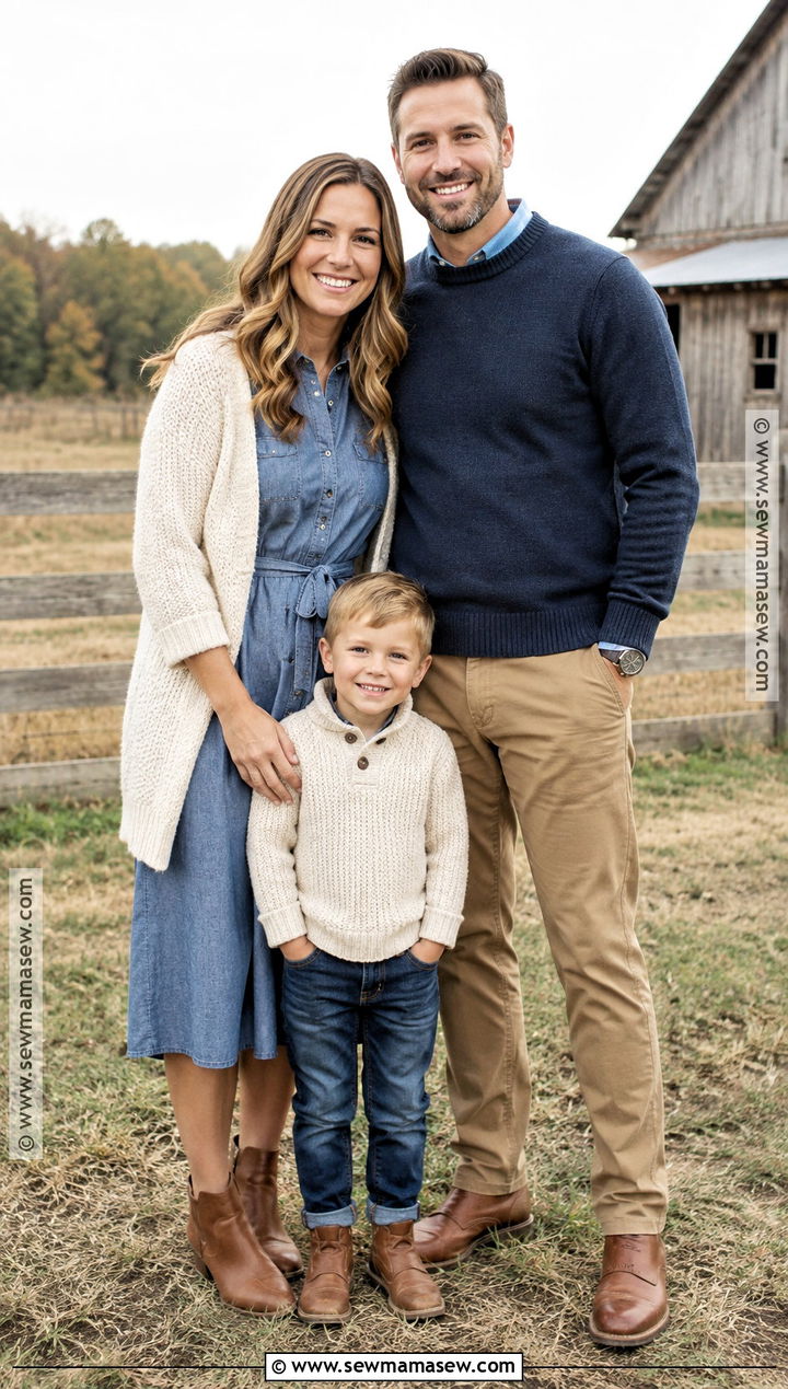 Chambray and Cognac Family of 3 Fall Photo Outfit - 20 family of 3 fall photo outfits