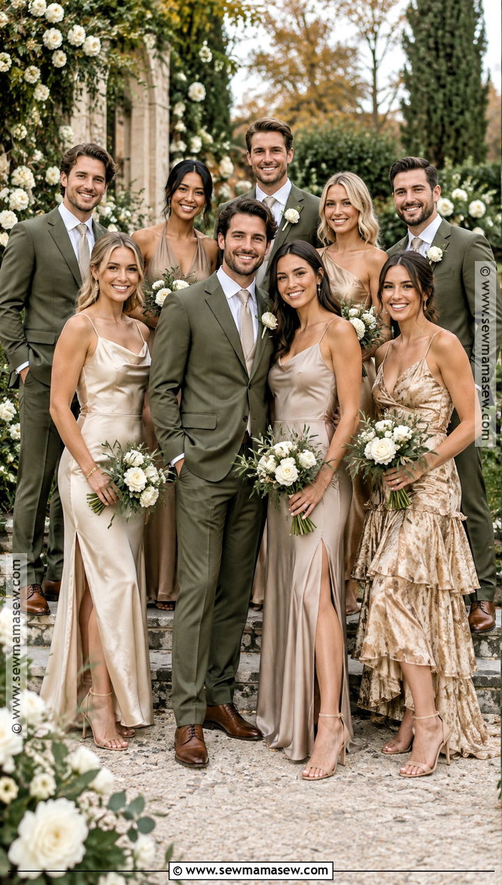 Champagne Bridesmaid Dresses With Olive Groomsmen - 15 fall bridesmaid dresses mismatched with groomsmen