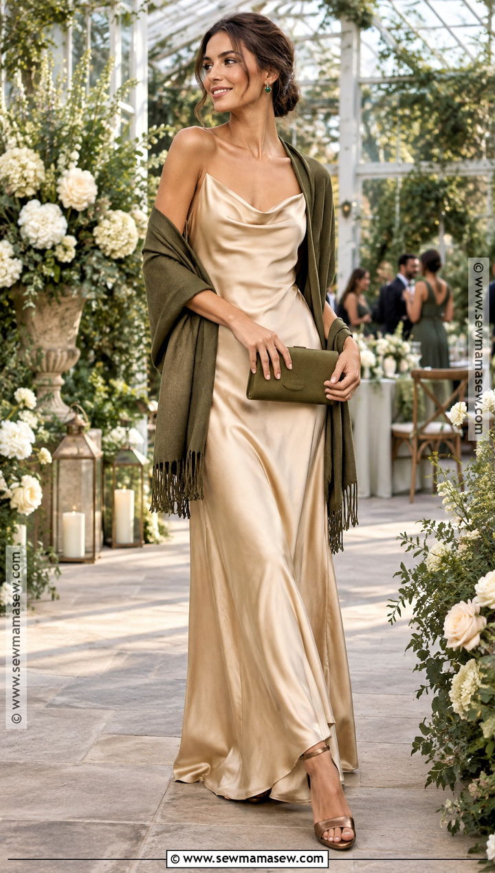 Champagne Dress And Olive Wrap Outfit - 15 autumn wedding party attire ideas