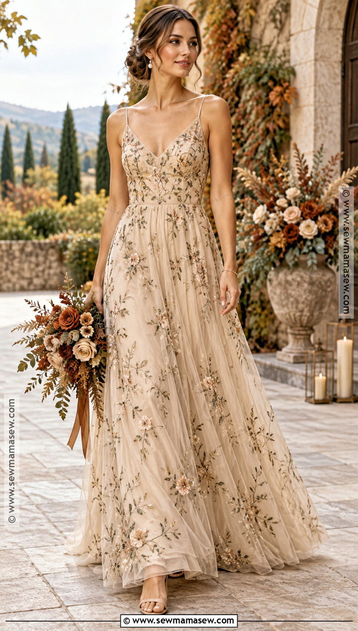 Champagne Embroidered Boho Bridesmaid Dress - 15 Fall Boho Bridesmaid Dress Ideas