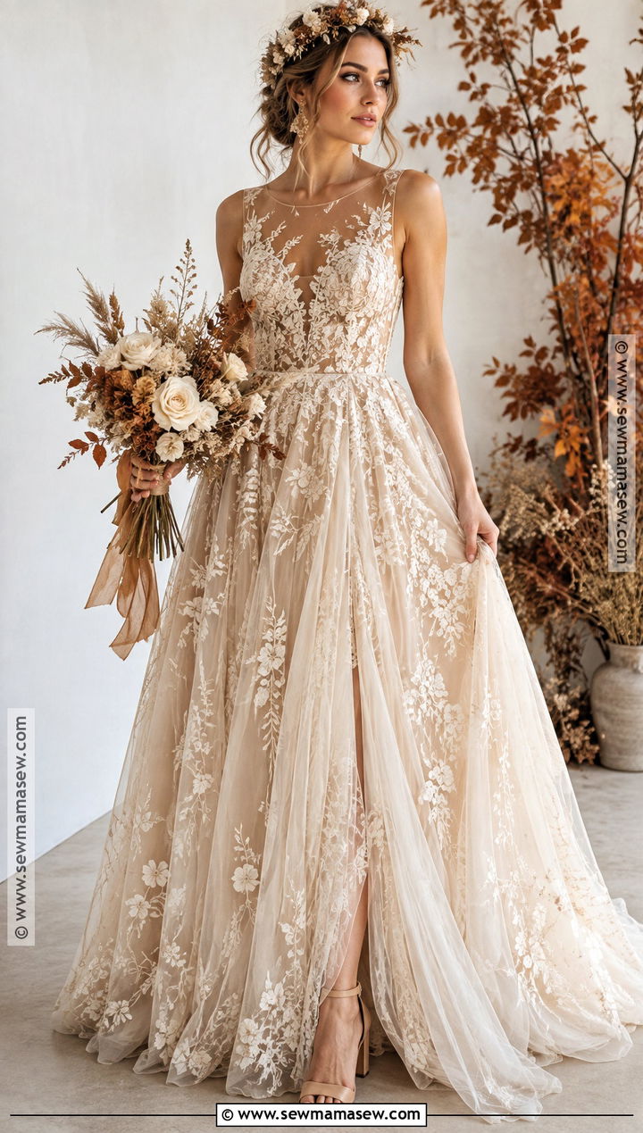 Champagne Embroidered Boho Wedding Dress - 15 autumn boho wedding dress ideas