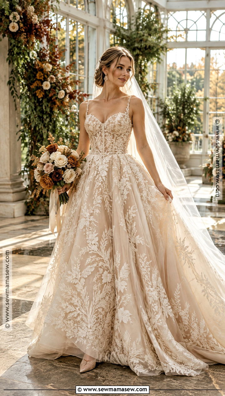 Champagne Embroidered Fall Wedding Ballgown - 15 fall wedding dress ballgown ideas