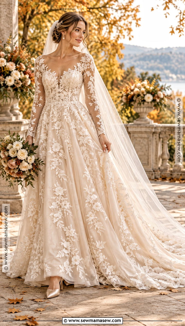 Champagne Embroidered Fall Wedding Dress - 15 Classic Fall Wedding Dress Ideas