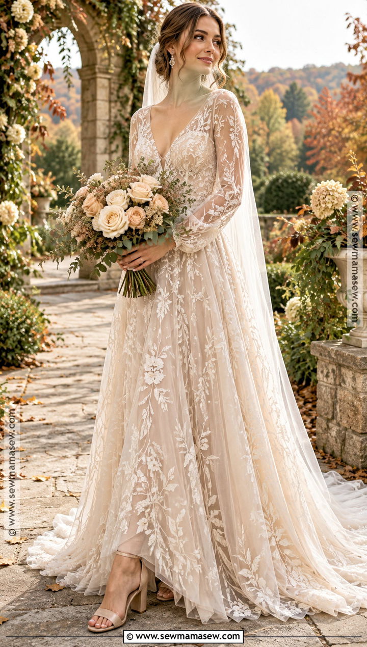 Champagne Embroidered Tulle Wedding Dress - 20 boho fall wedding dress ideas
