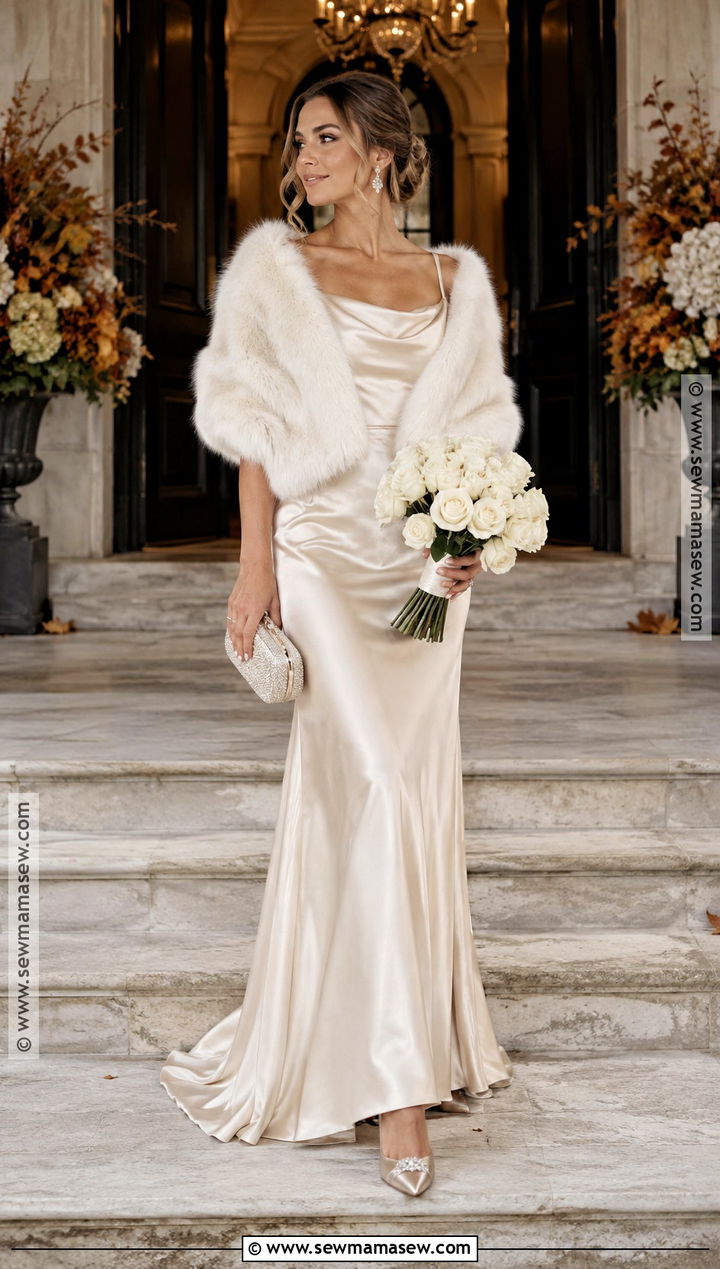 Champagne Fall Bride Dress With Faux Fur Wrap - 15 fall bride outfit ideas