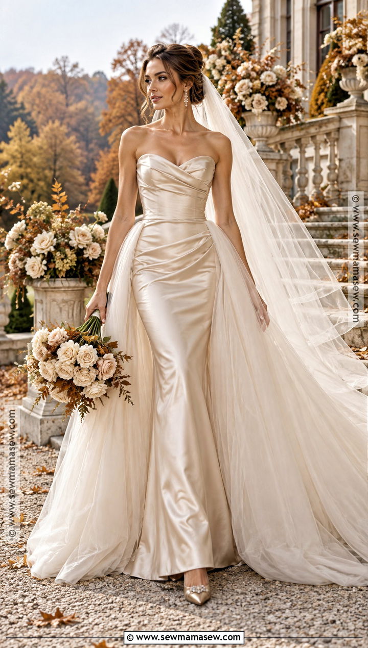 Champagne Fall Wedding Dress With Overskirt - 15 Fall Wedding Dress Styles