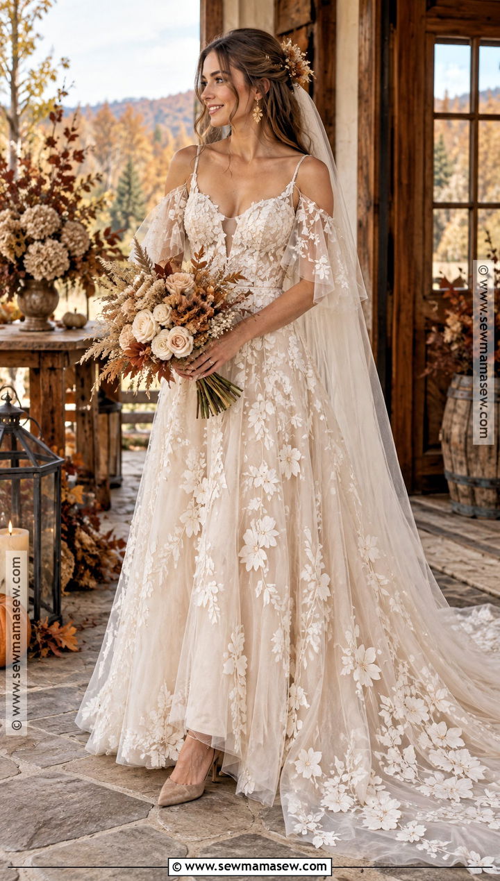 Champagne Floral Applique Wedding Dress - 15 rustic boho fall wedding dress ideas