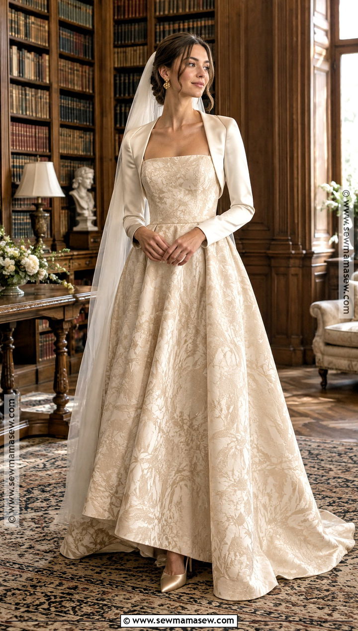 Champagne Jacquard Fall Wedding Dress - 15 Fall Theme Wedding Dress Ideas