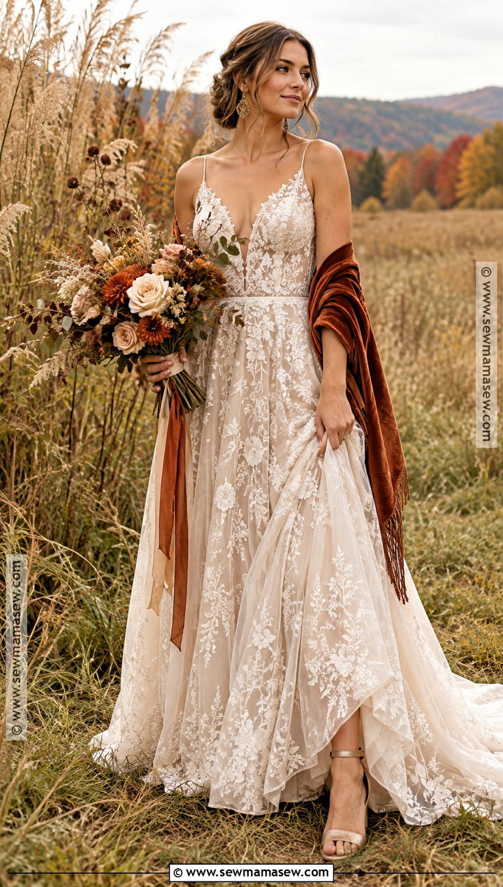 Champagne Lace Boho Wedding Dress With A Velvet Wrap - 15 boho wedding dress fall ideas