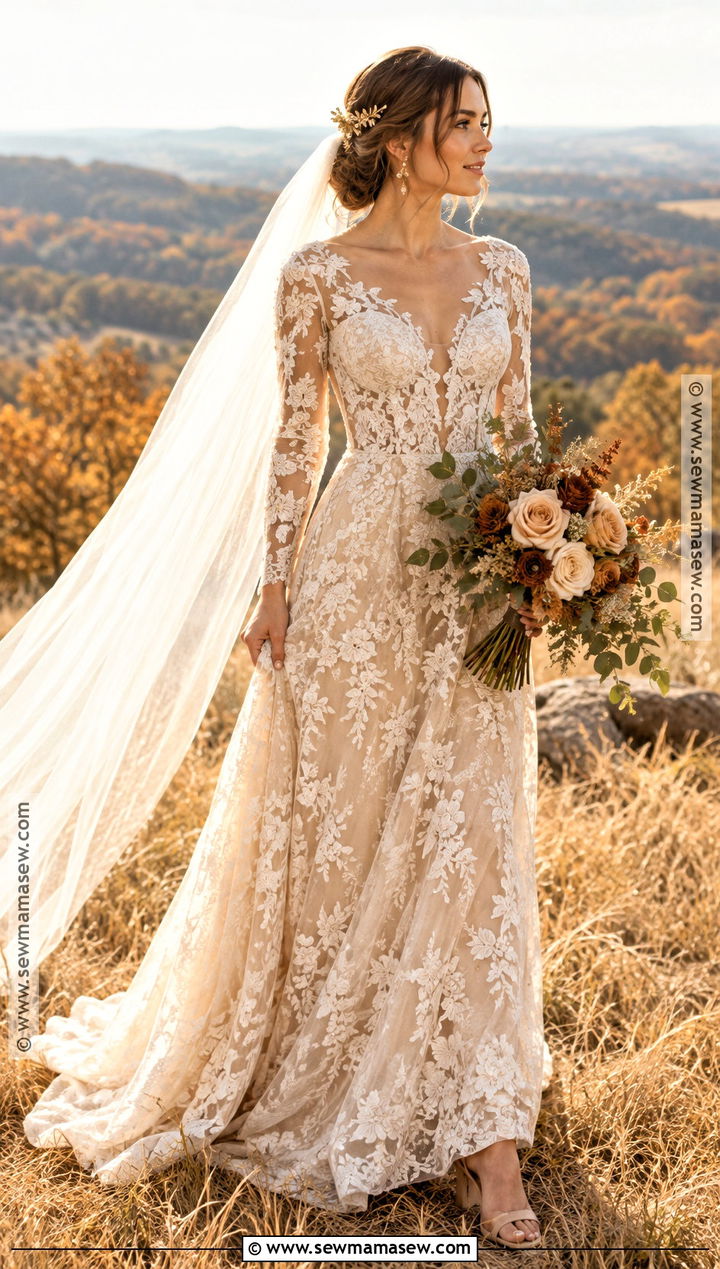 Champagne Lace Long Sleeve Wedding Dress - 15 rustic fall wedding dress lace long sleeve ideas