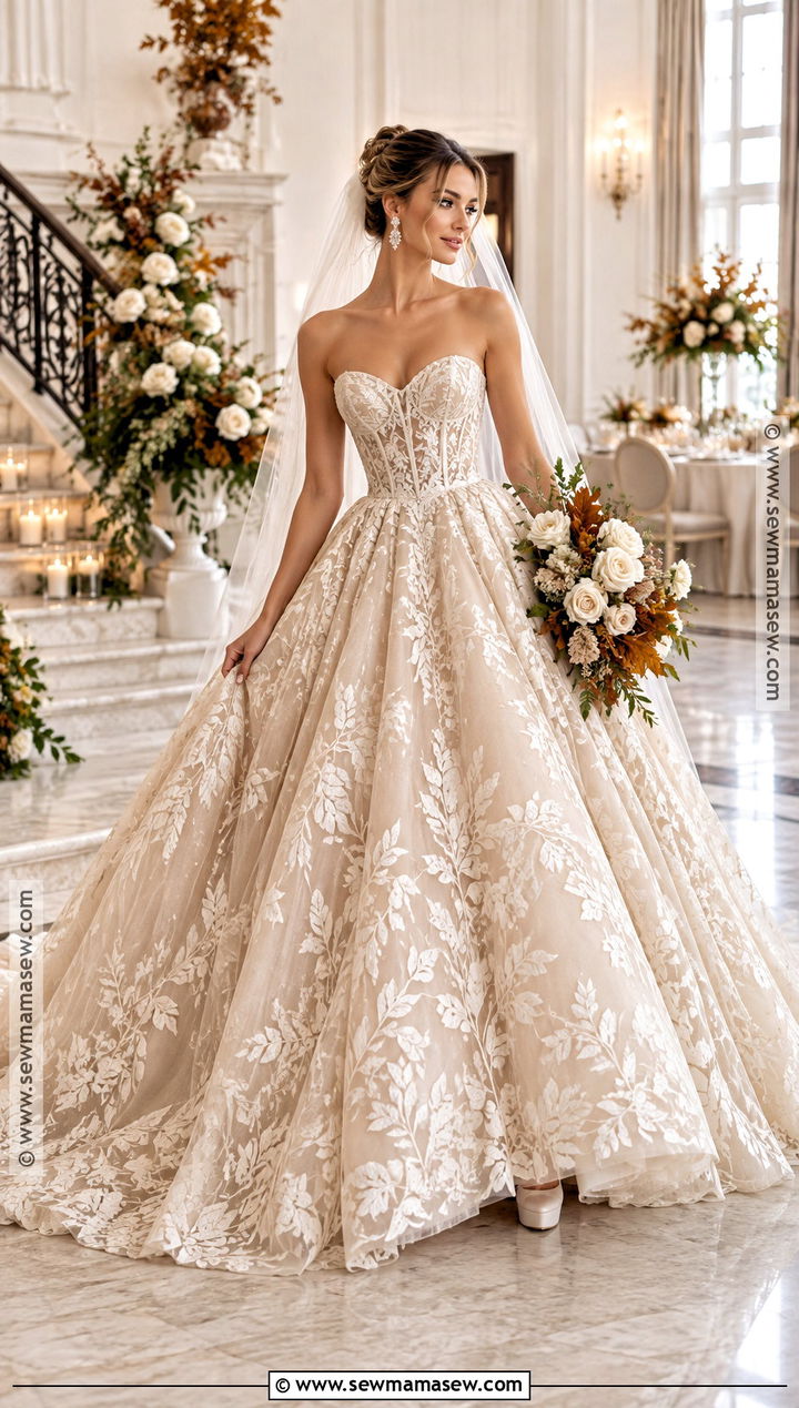 Champagne Leaf Lace Ball Gown - 15 Autumn Leaf Wedding Dress Ideas