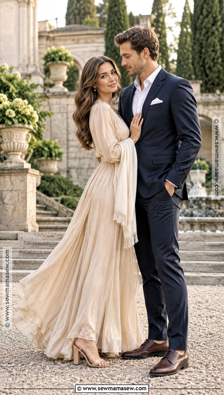 Champagne Long Sleeve Gown With Neutral Heels - 15 engagement photos outfits fall dresses