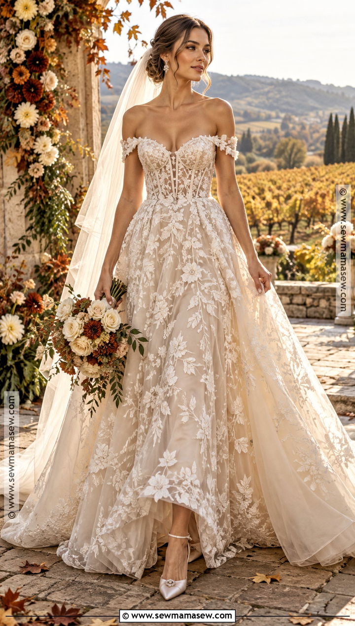 Champagne Off The Shoulder Embroidered Wedding Dress - 15 fall wedding dress off the shoulder ideas