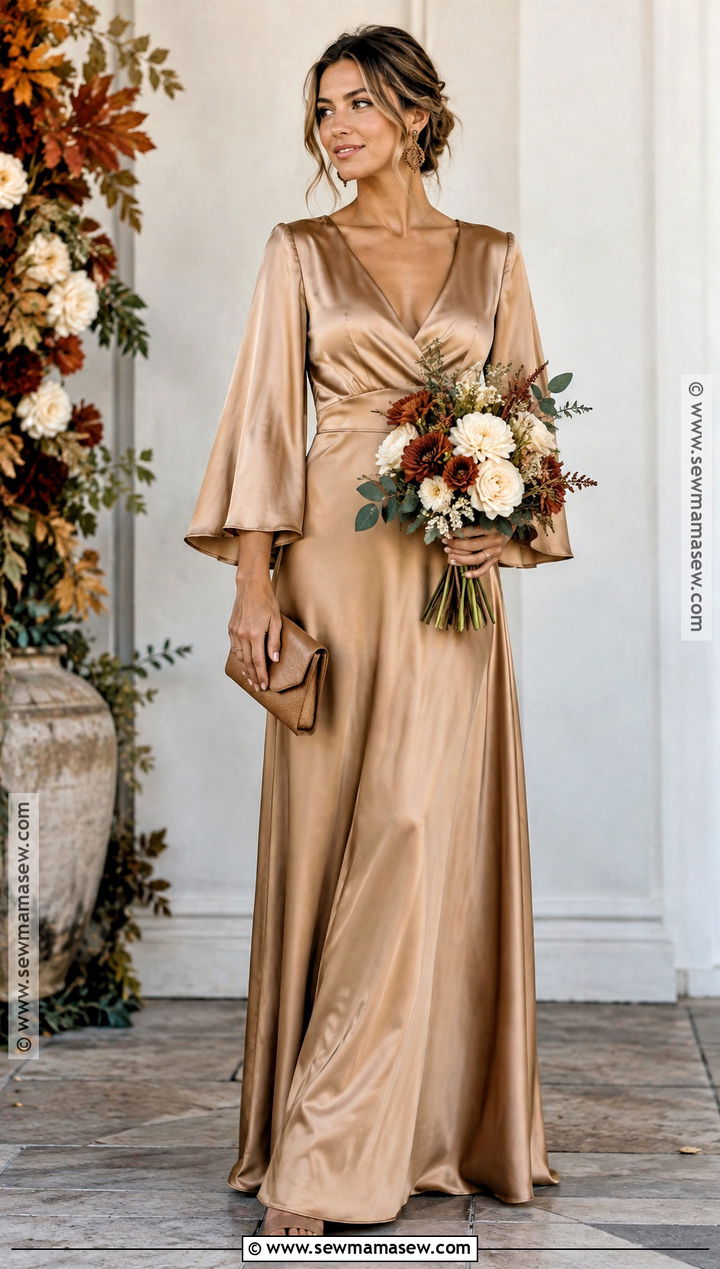Champagne Satin Bell Sleeve Bridesmaid Dress - 15 Fall Bridesmaid Dresses With Sleeves