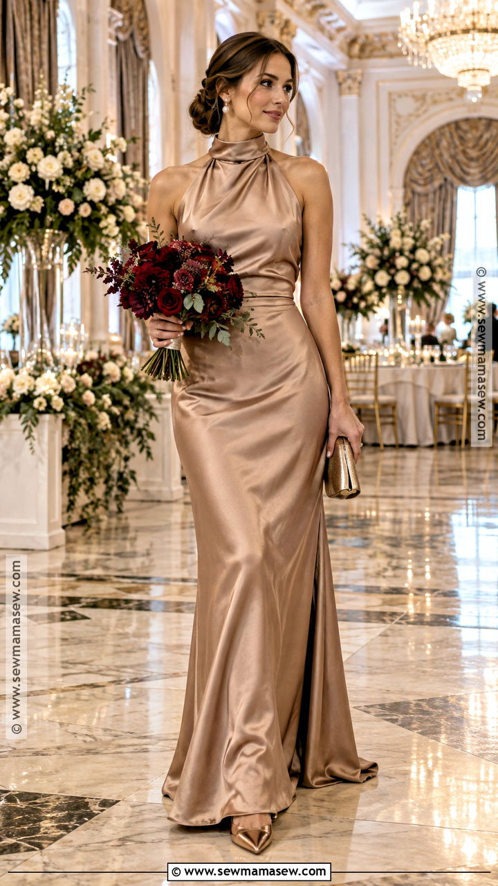Champagne Satin High Neck Bridesmaid Dress - 20 november wedding bridesmaid dress ideas
