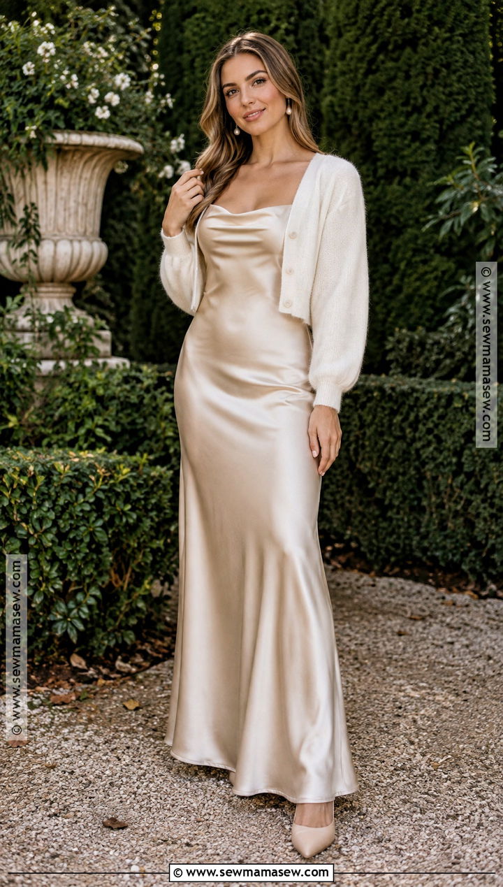 Champagne Satin Maxi Dress for Fall Engagement Photos - 15 engagement photo dress fall ideas