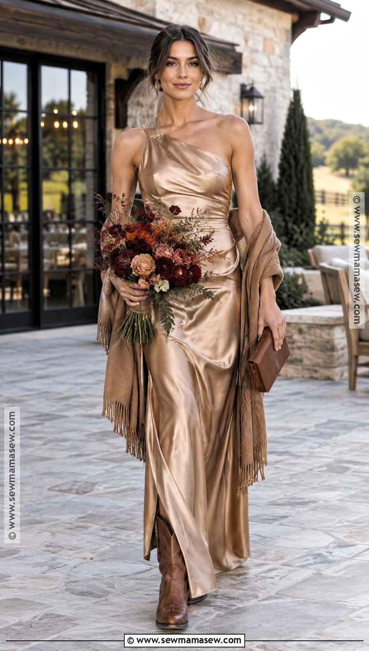 Champagne Satin Western Bridesmaid Dress With Cognac Boots - 15 Western Fall Bridesmaid Dresses