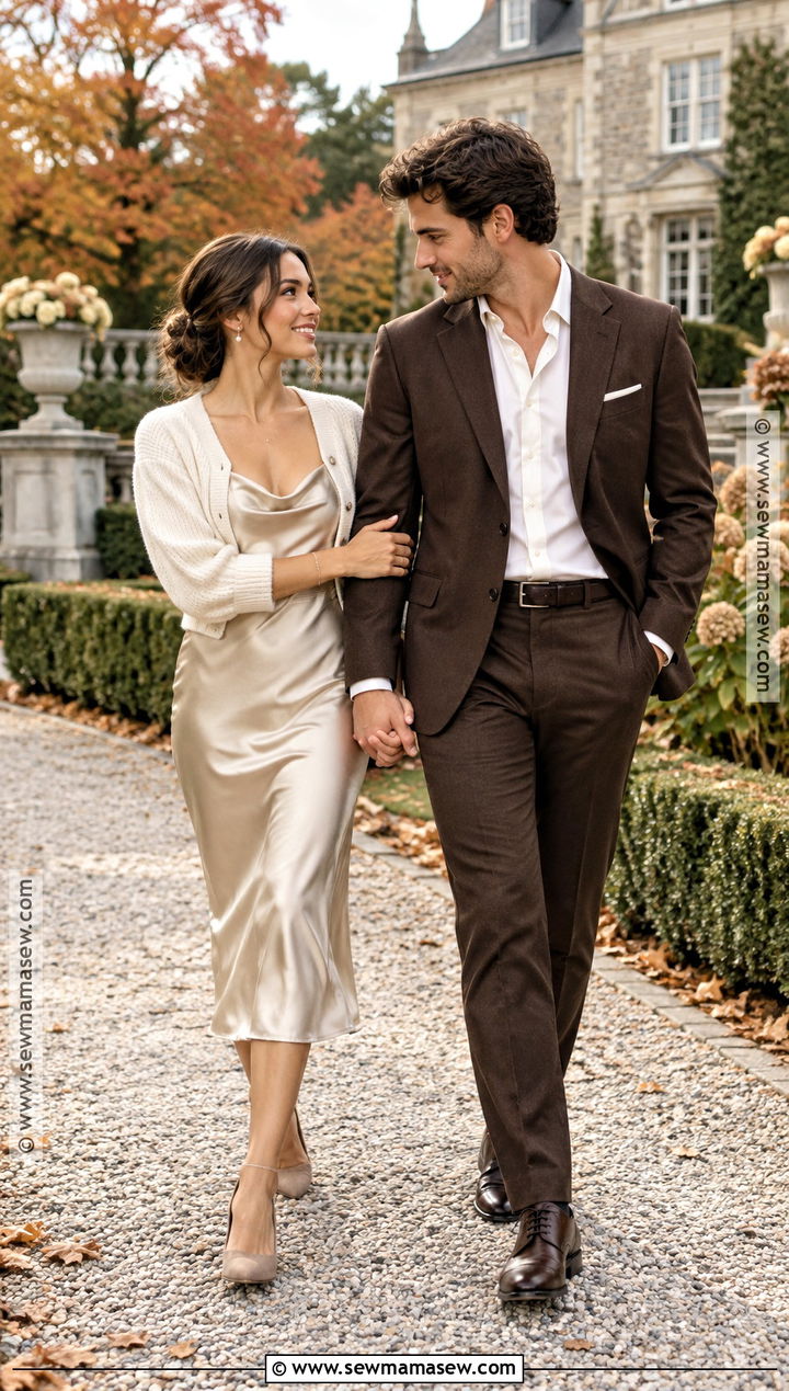 Champagne Slip Dress And Cropped Cardigan Engagement Photo Outfit - 15 engagement photo outfit ideas fall