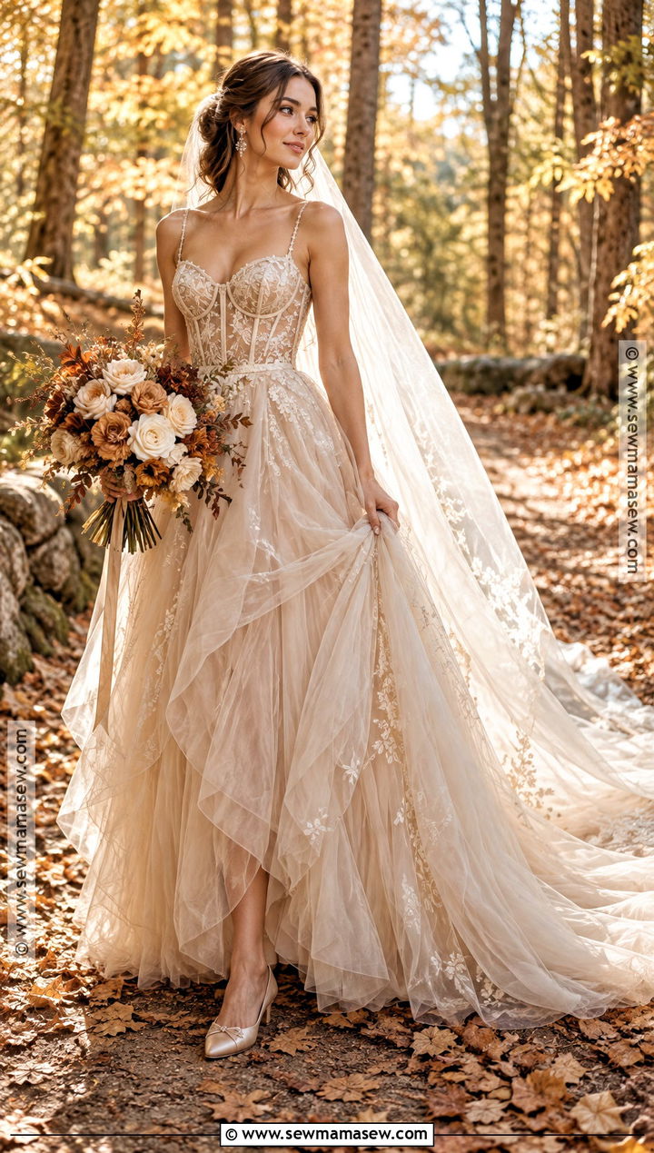 Champagne Tulle Fall Forest Wedding Dress - 15 fall forest wedding dress ideas