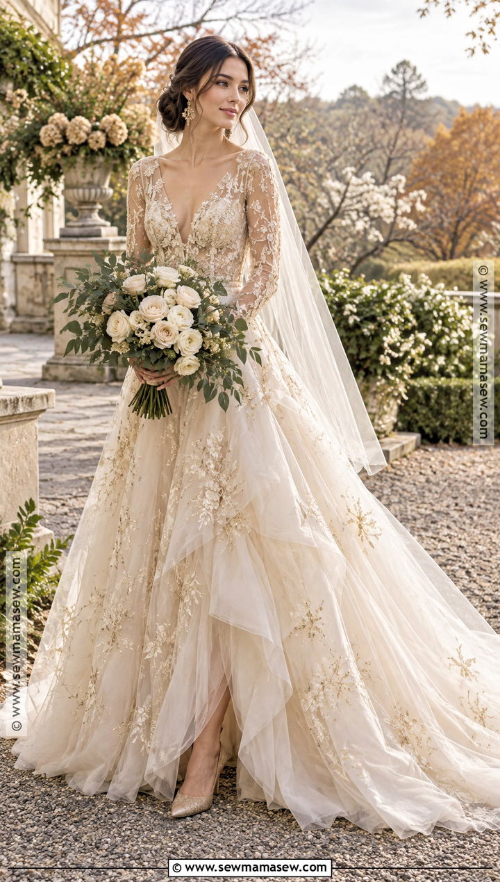 Champagne Tulle Wedding Dress With Gold Details - 15 Late Fall Wedding Dress Ideas