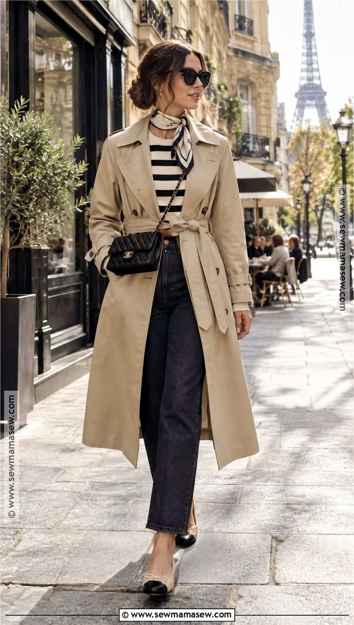 Chanel Trench Coat With Striped Sweater And Jeans - 15 chanel fall outfit ideas