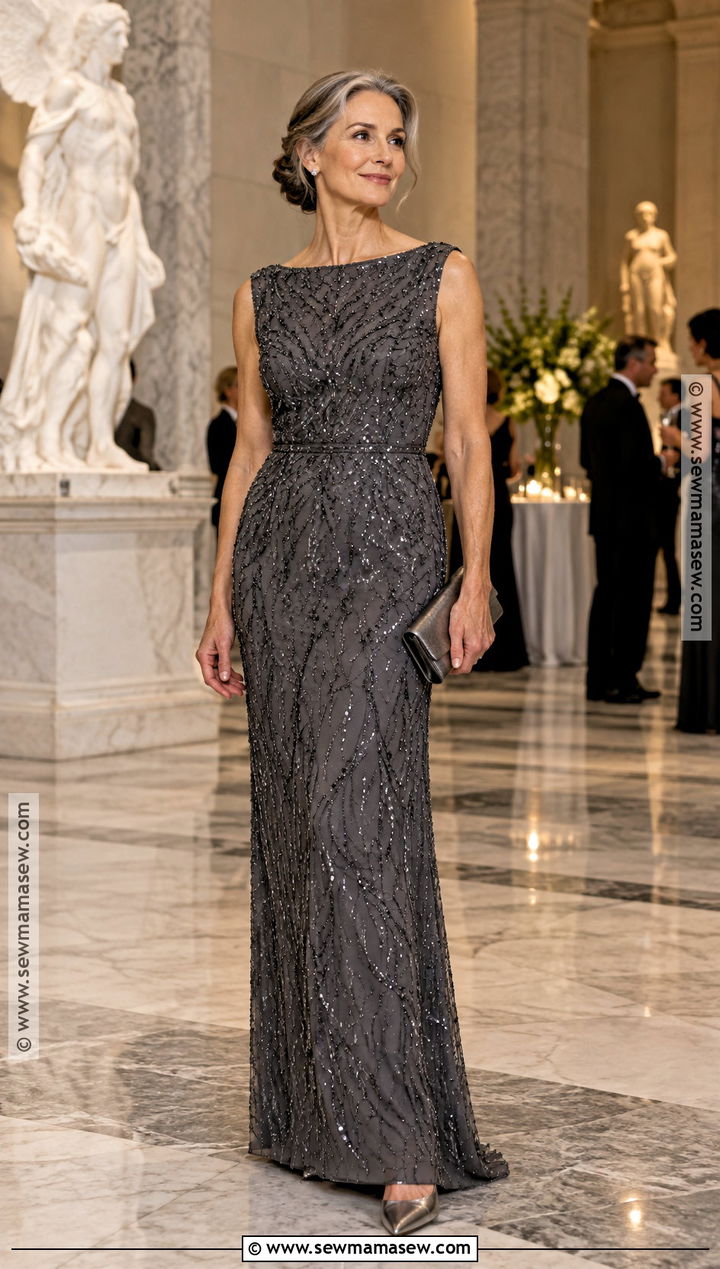 Charcoal Beaded Column Dress - 25 black tie wedding guest dress fall ideas