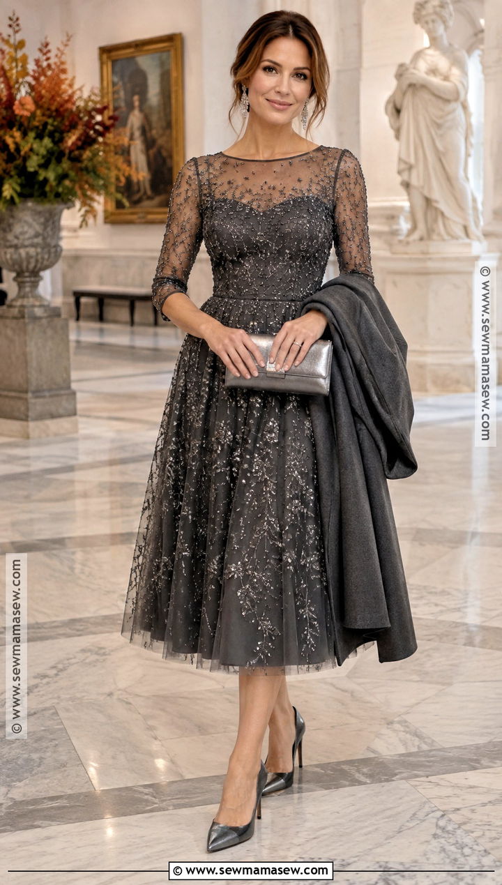 Charcoal Beaded Mother Of The Groom Tea Length Dress - 20 mother of the groom dresses over 30 fall