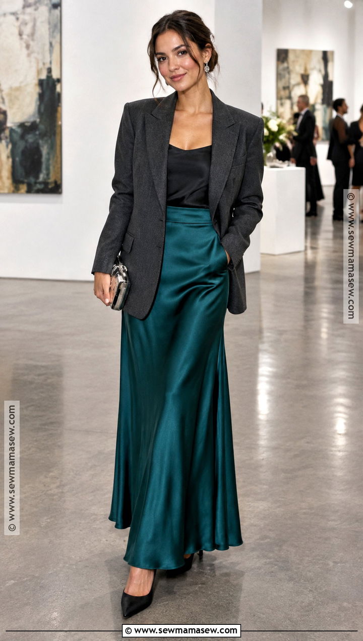 Charcoal Blazer And Satin Skirt Fall Wedding Look - 20 fall wedding looks