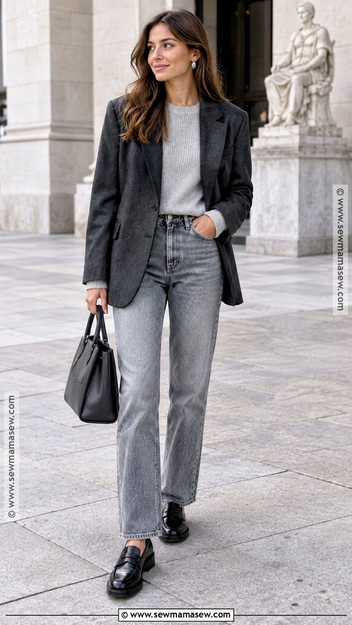 Charcoal Blazer and Gray Jeans Outfit - 20 Neutral Fall Outfits for Women