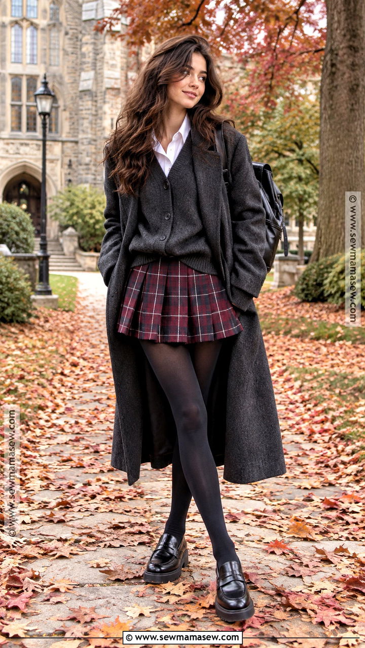 Charcoal Cardigan And Pleated Mini Skirt Dark Academia Outfit - 20 Autumn Dark Academia Outfits