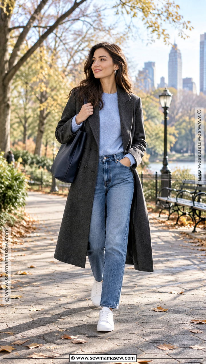 Charcoal Coat And Blue Sweater Brunette Fall Outfit - 20 Fall Outfits Brunette